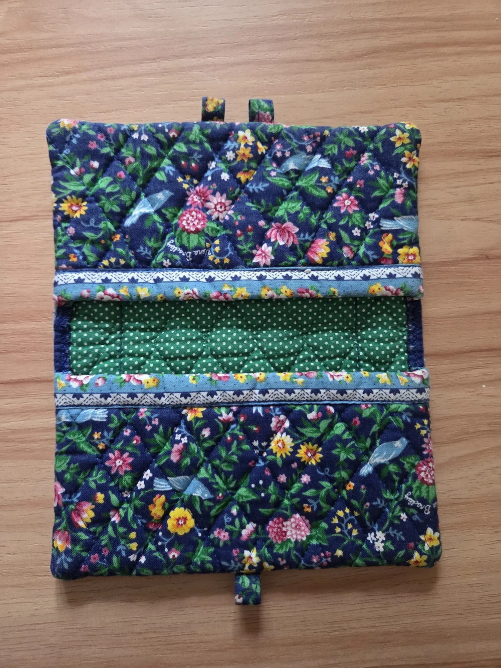Vera Bradley Quilted Floral Cosmetic Case in Navy with Green and Yellow Accents